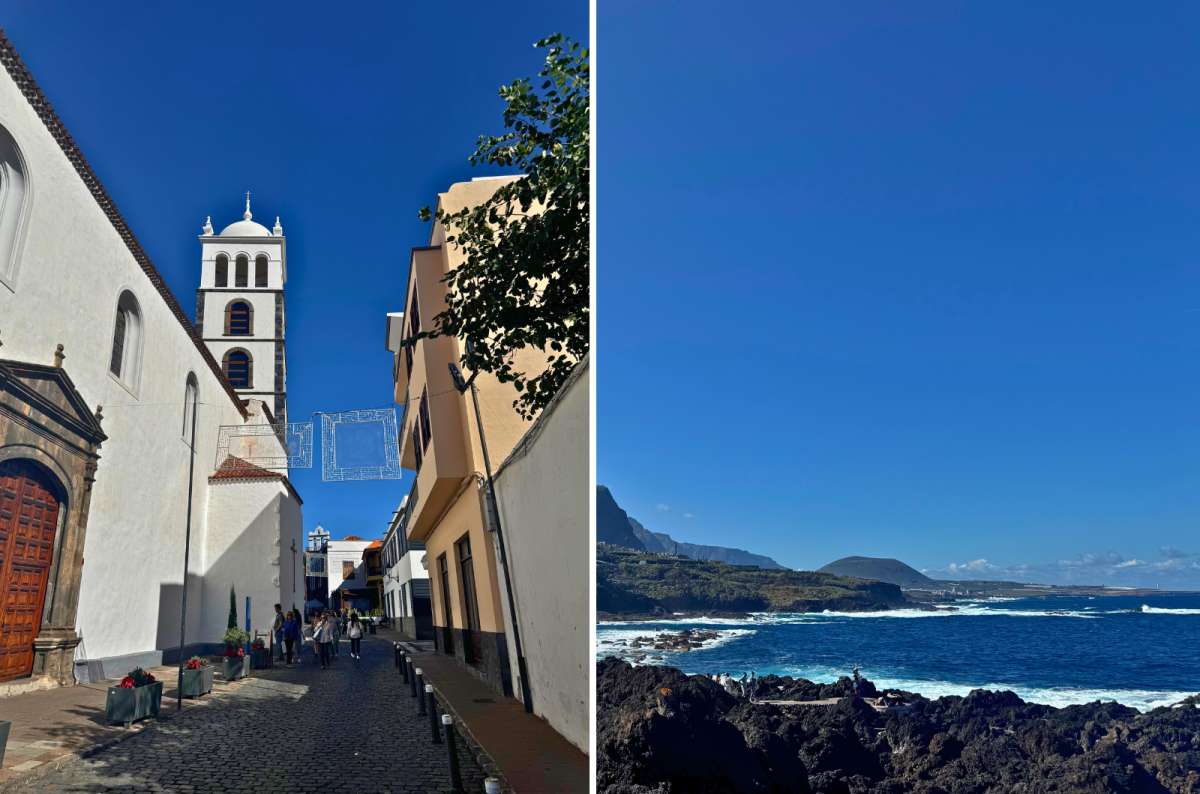 A collage showing the volcanic coastline by the El Caletón and the city of Garachico, Tenerife, a photo by Next Level of Travel