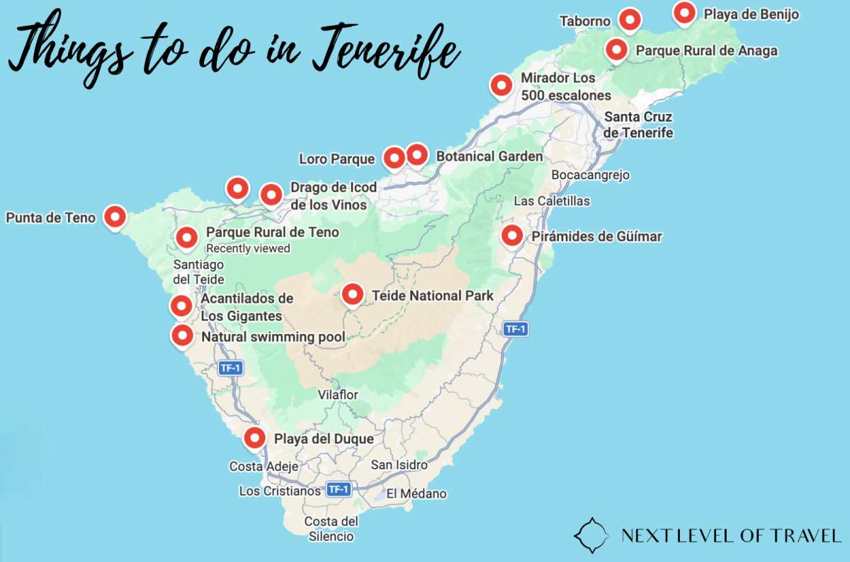 A map showing all recommended places in Tenerife, a photo made by Next Level of Travel