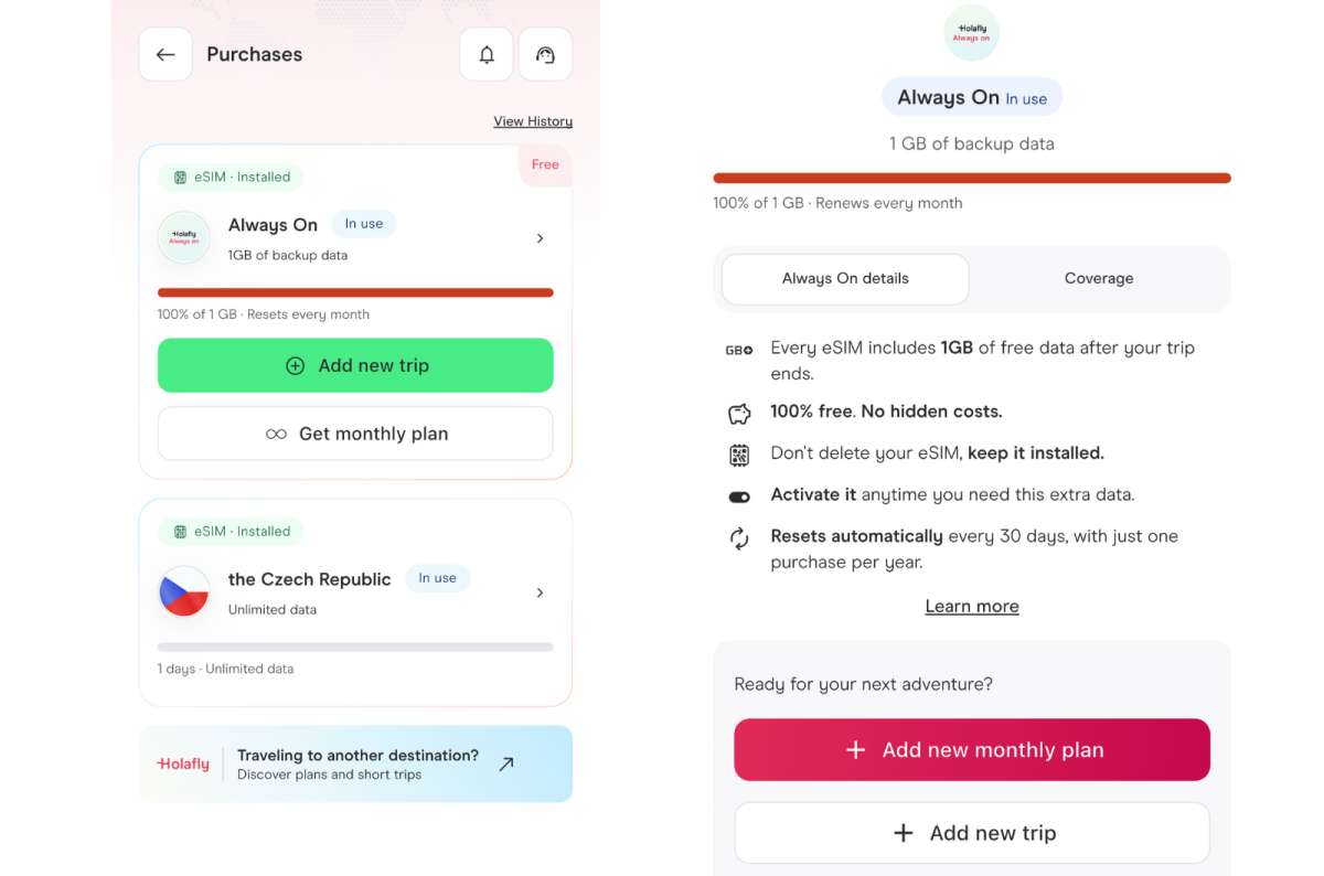 photo of the Holafly app's Always On plan screen and its 1GB free data details