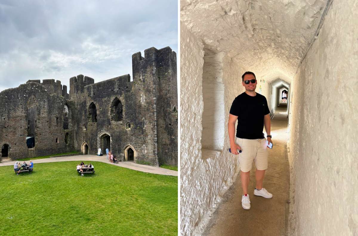 photo of the ruined courtyard at Caerphilly Castle with visitors, Wales, photo by Next Level of Travel