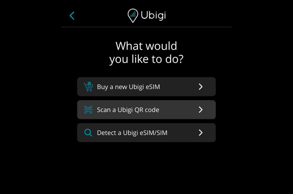 a photo of the Ubigi app installation menu showing options to buy a new eSIM, scan a QR code, or detect an existing SIM