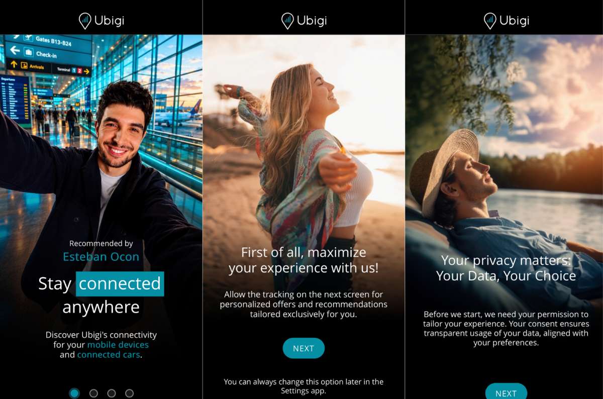 photo of the Ubigi app onboarding screens showing the welcome screen on the left and the privacy permission screen on the right