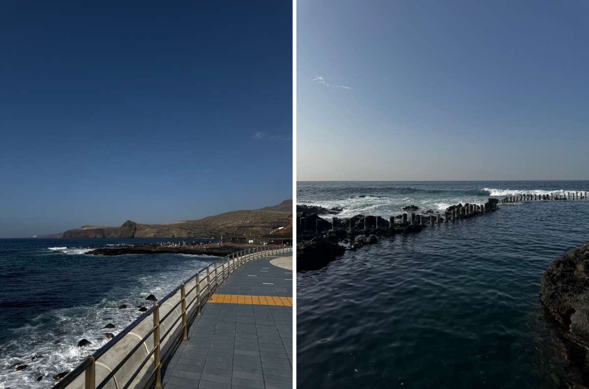 a collage of the Agaete seafront promenade along a rocky coast on the left and the natural volcanic sea pools meeting the Atlantic on the right, Canary Islands, photo by Next Level of Travel
