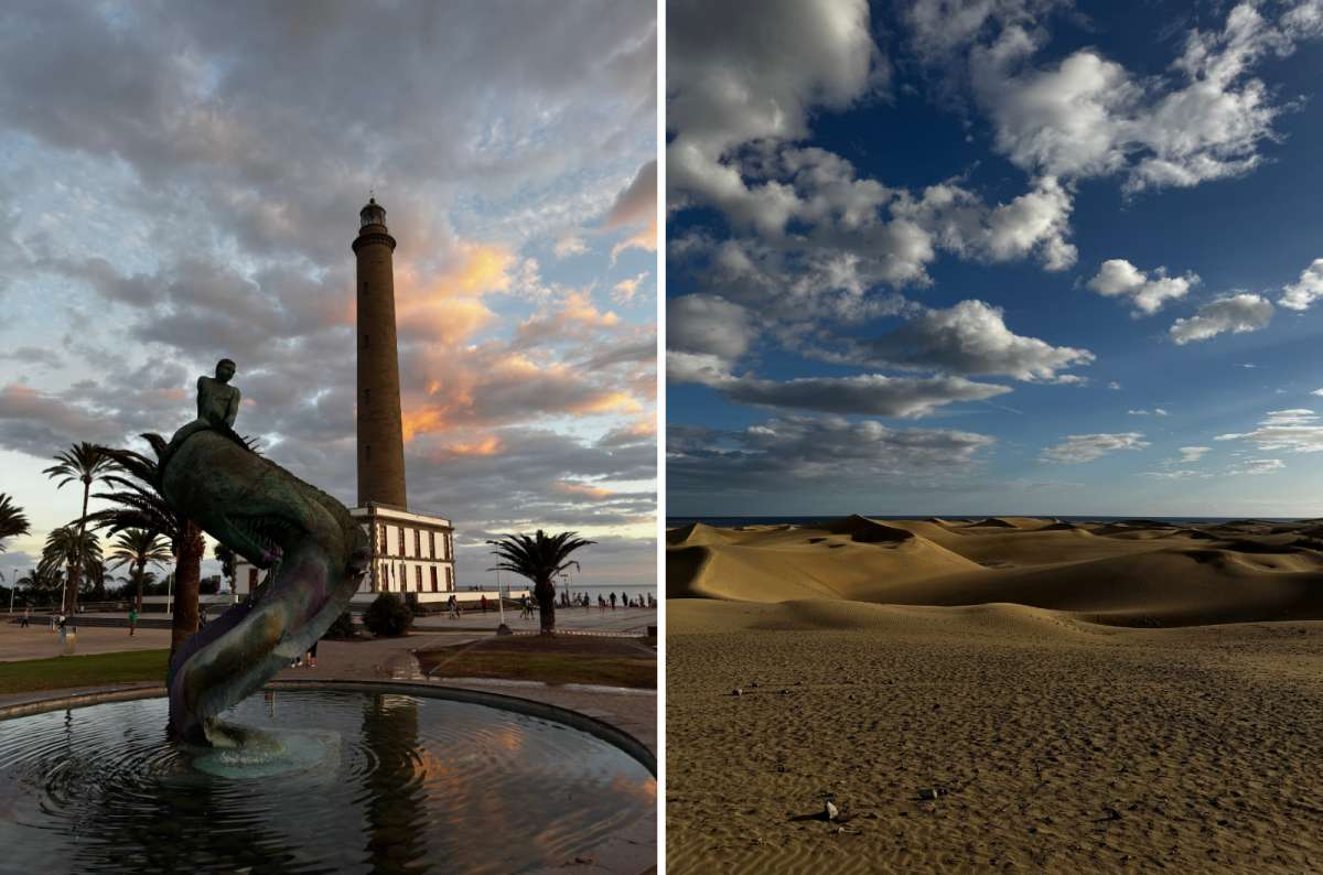 a collage of the Maspalomas lighthouse and a bronze fountain statue at sunset on the left and the golden Maspalomas dunes at dusk on the right, Canary Islands, photo by Next Level of Travel