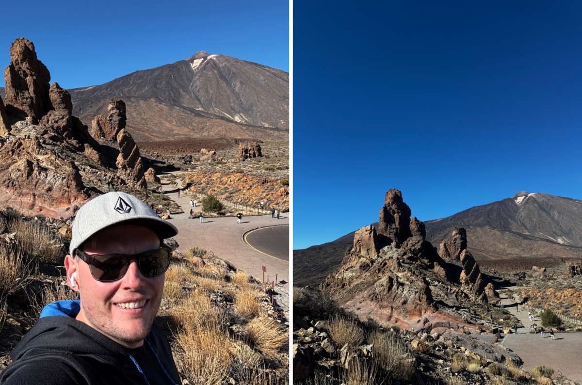 photo of a tourist beside the Roques de García rock formations on the left and the formations with Mount Teide on the right, Teide National Park, photo by Next Level of Travel