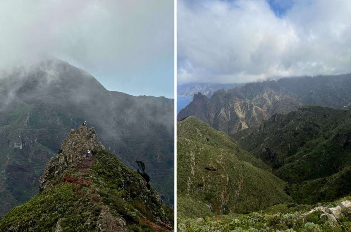 photo of a tourist on a foggy rocky ridge on the left and clear green mountain ridges on the right, Roque de Taborno, Tenerife, photo by Next Level of Travel