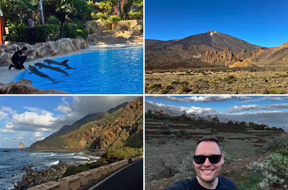 collage of a dolphin pool at Loro Parque, the volcanic peak of Mount Teide, the rugged Anaga coastline, and terraced hillside fields above a village, Tenerife, photo by Next Level of Travel