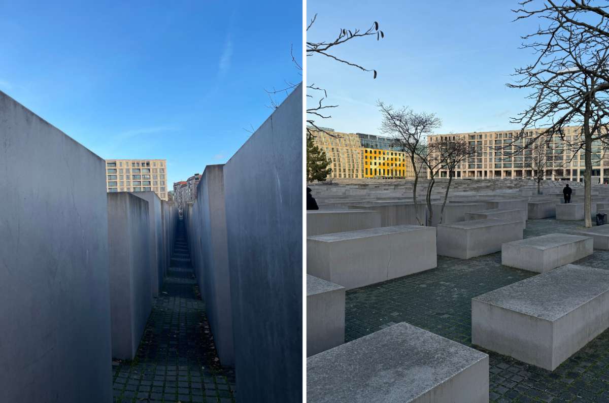 a collage of photos from the Memorial to the Murdered Jews of Europe, showing the various points of view of the memorial, Berlin, Germany, photo by Next Level of Travel