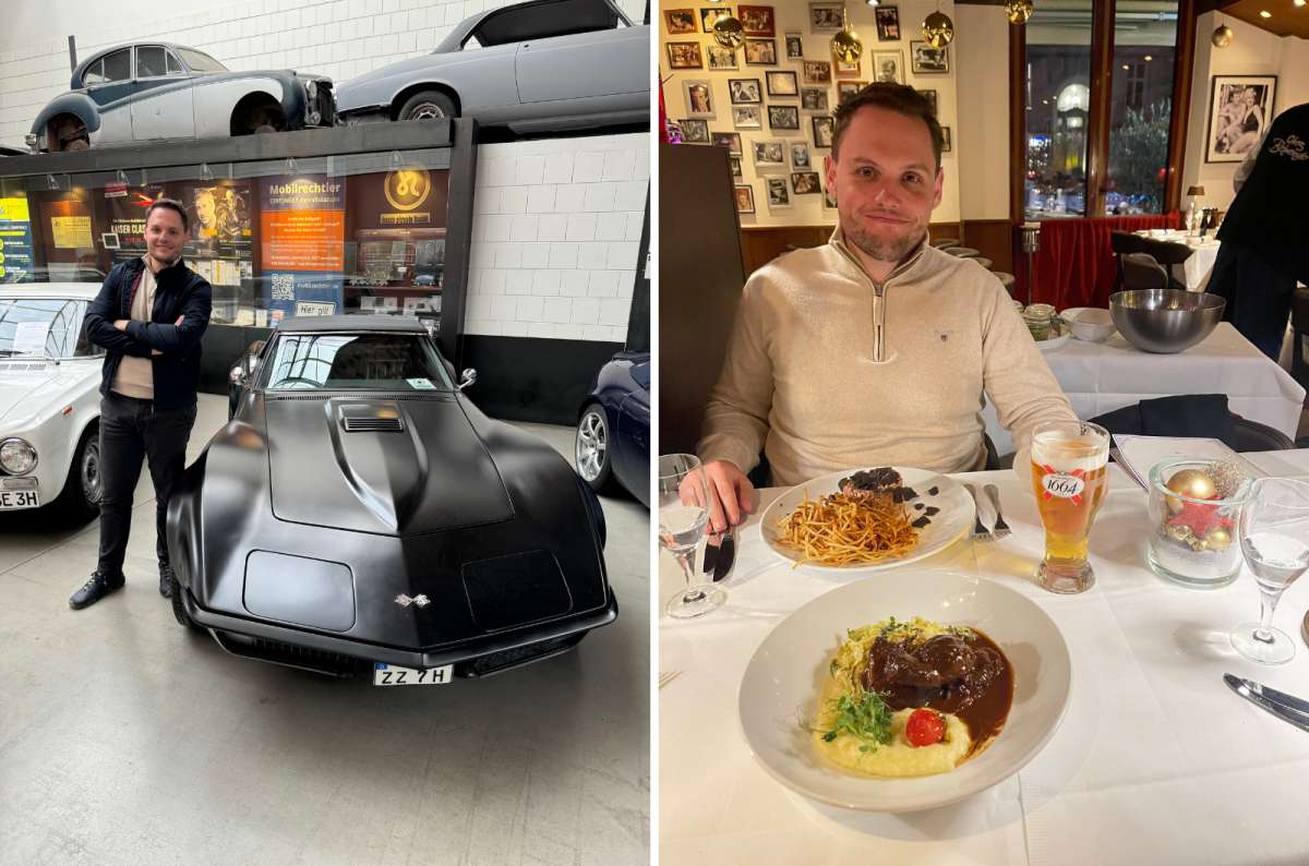 A collage of tourist posing next to a Corvette and in a Berlin restaurant, Germany, a photo by Next Level of Travel