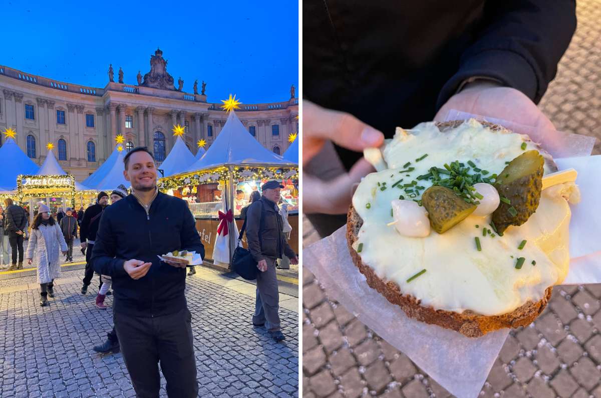 A collage showing a tourist eating street food at the Christmas market in Berlin, Germany, a photo by Next Level of Travel