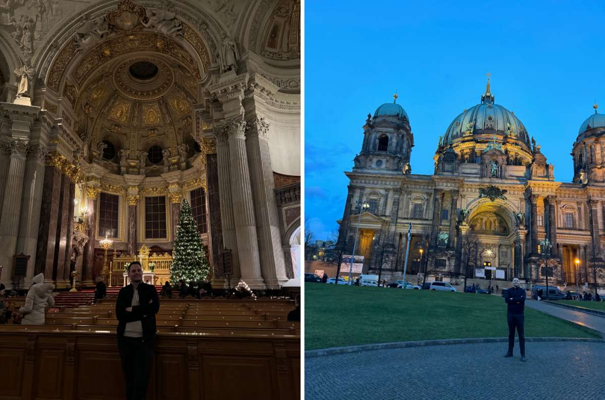 A collage showing the interior and the illuminated exterior of the Berlin Cathedral on Museum Island, Germany, a photo by Next Level of Travel