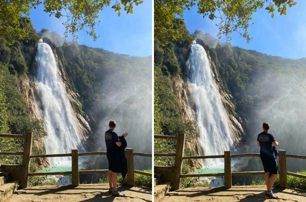 a collage of a tourist standing at a wooden railing and watching the Velo de Novia waterfall, El Chiflón, Chiapas, Mexico, photo by Next Level of Travel