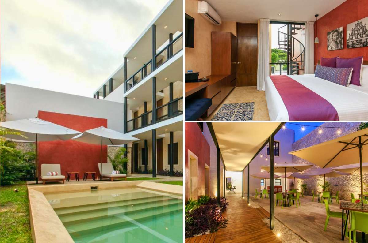 a collage of photos from Hotel Casona 61 in Mérida, showing the colorful outside pool and bedrooms, Meixco, photo by Next Level of Travel