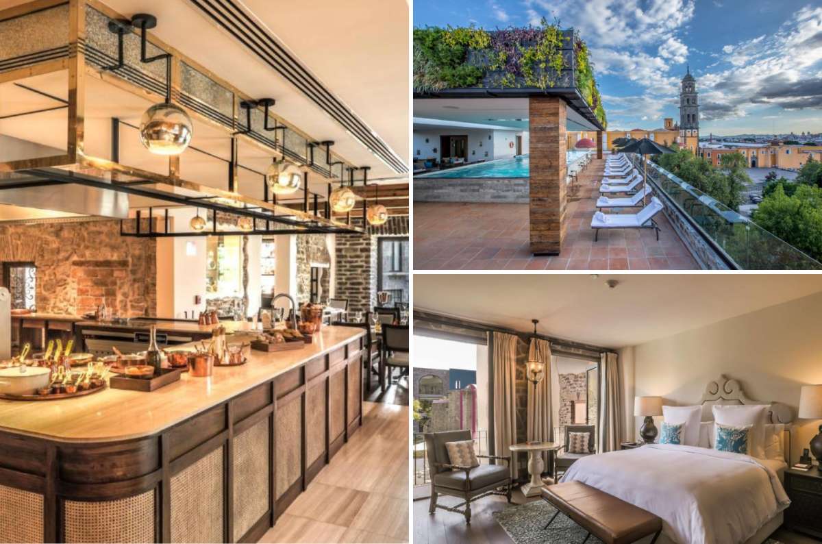 a collage of photos from the Banyan Tree Hotel in Puebla, showing the decorated interior, Mexico