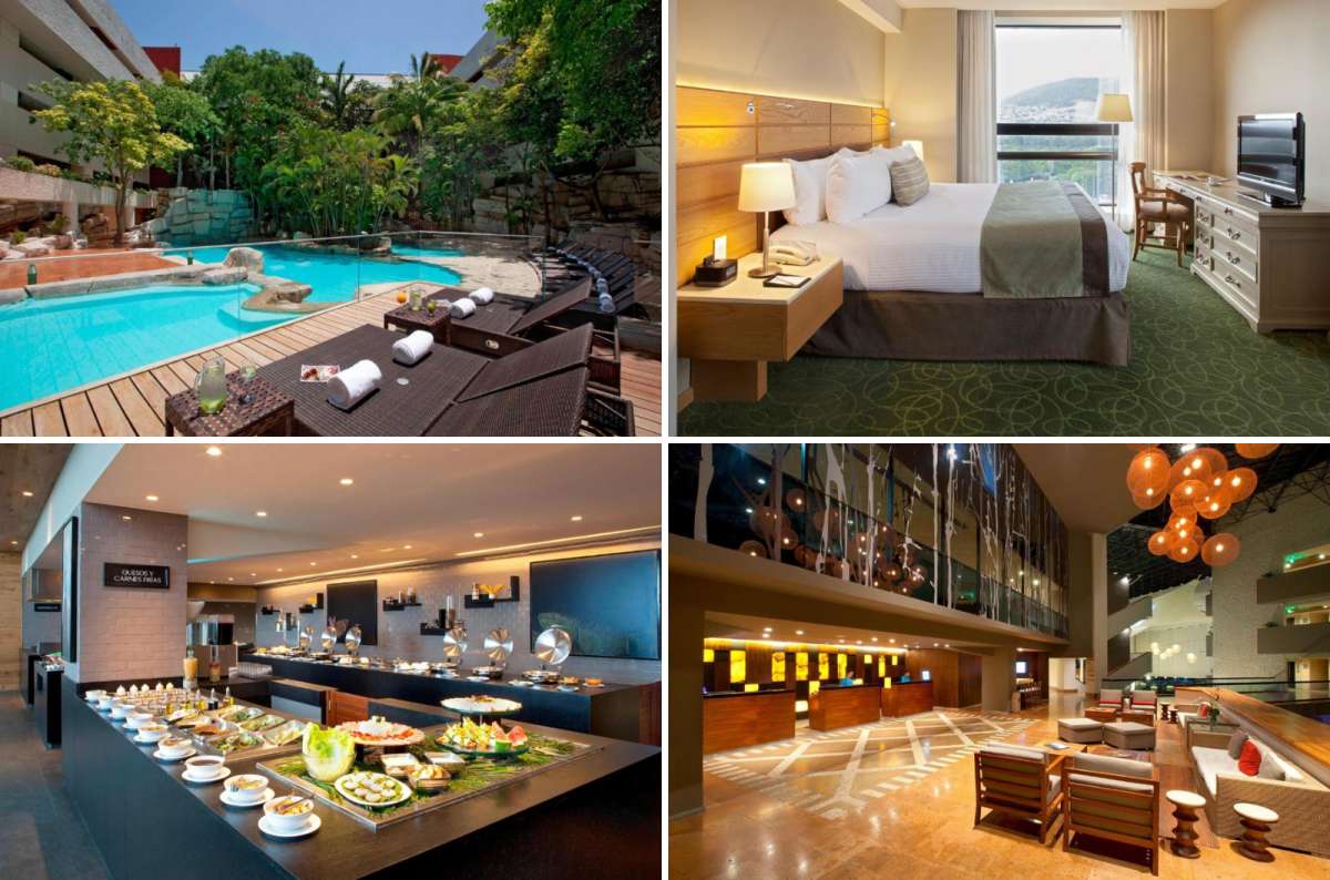 a collage of photos from the Marriott Tuxtla Gutiérrez Hotel, showing its decorative and well-lit area, Mexico