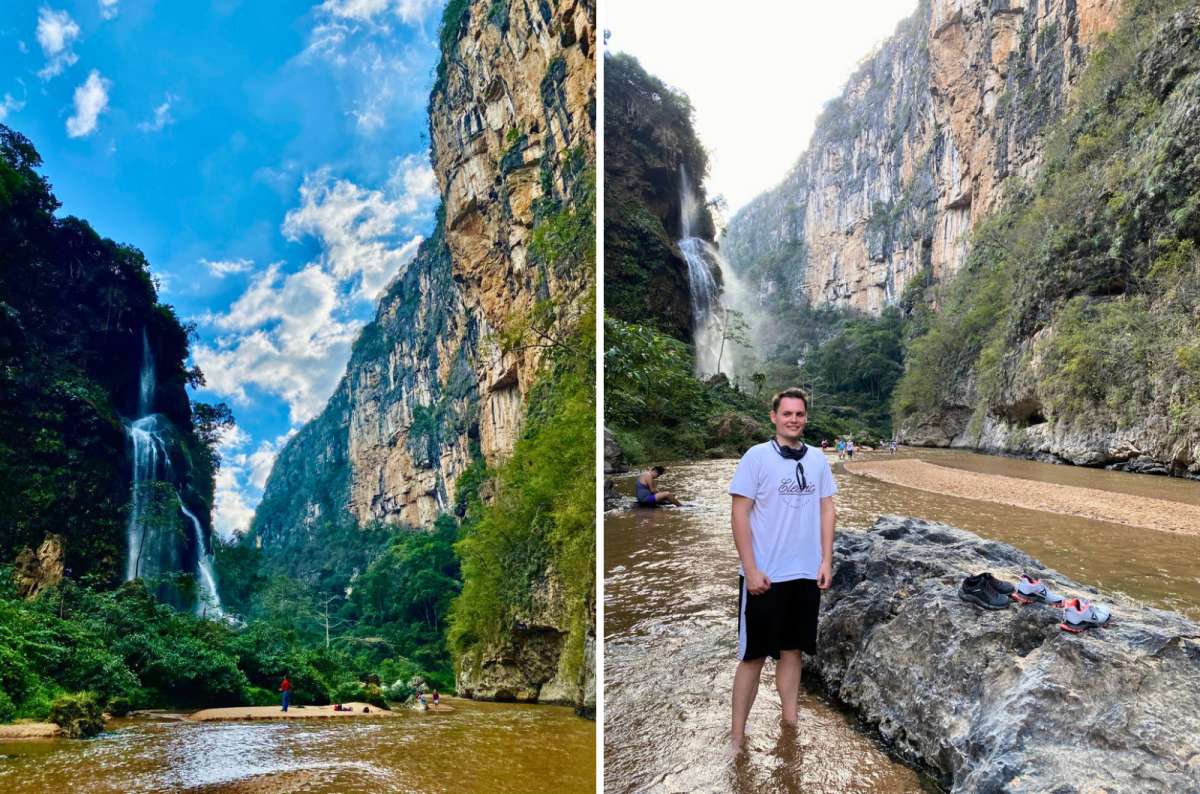 a collage of photos of a tourist posing in fron of the El Aguacero waterfall, Chiapas, Mexico, photo by Next Level of Travel
