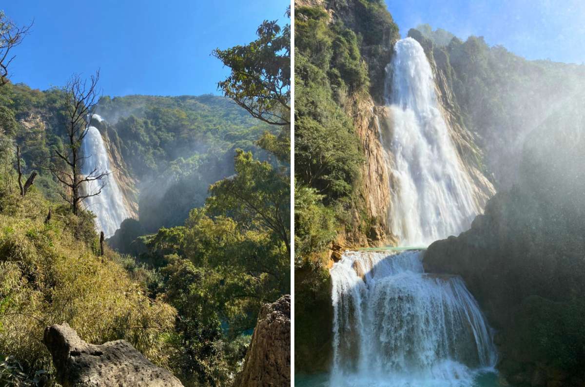 a collage of the Velo de Novia waterfall surrounnded by trees, El Chiflón, Chiapas, Mexico, photo by Next Level of Travel
