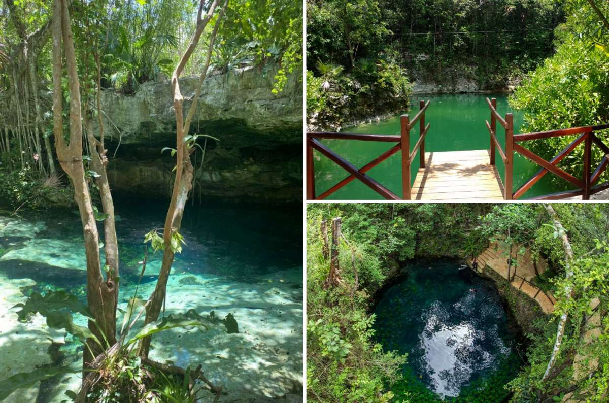a collage of three turquoise and green cenotes in the jungle, Ruta de los Cenotes, Yucatán, Mexico