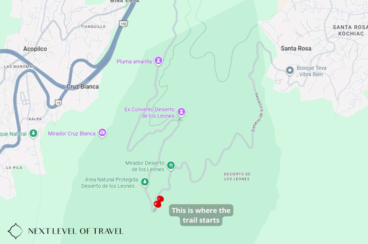 a map of the trailhead in Desierto de los Leones National Park southwest of Mexico City, Mexico, graphic by Next Level of Travel