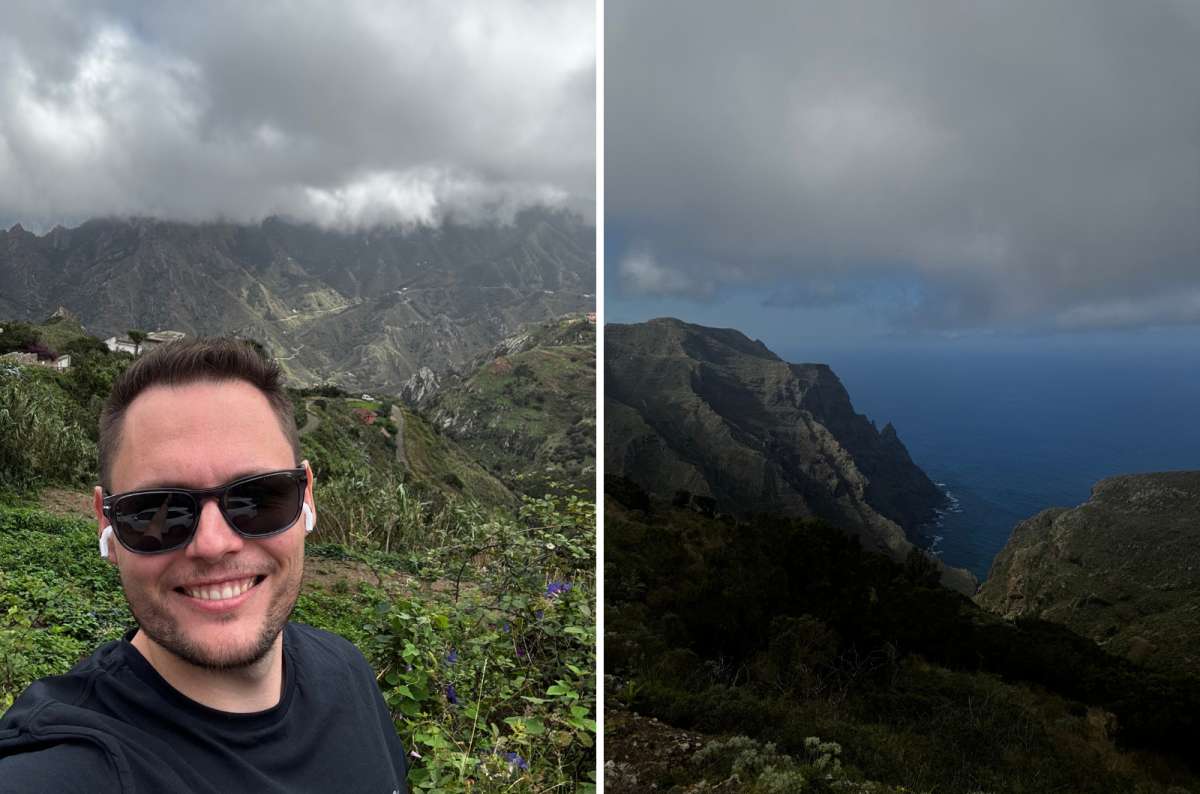 a collage of photos from Anaga NP, a tourist taking a selfie with the mountains visible in the background and a cliff with the vast sea beyond it, Canary Islands, photo by Next Level of Travel