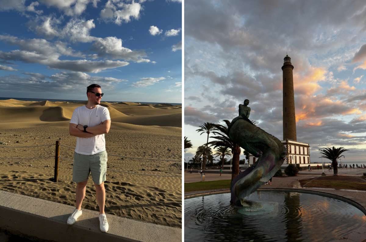 a collage of photos odf a tourist posing in front of the Maspalomas sand dunes and the lightouse in the city, Canary Islands, photo by Next Level of Travel