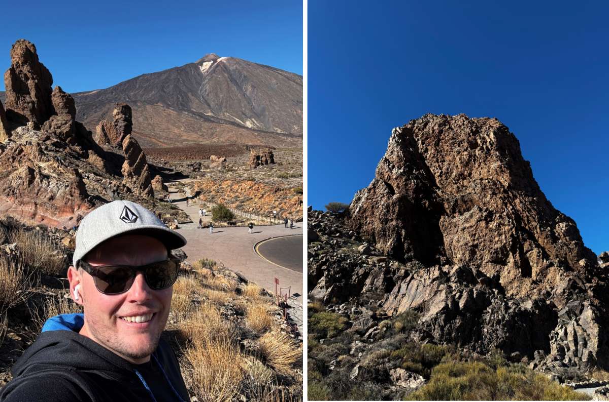 a collage of photos of a tourist taking a selfie in front of Roques de Garcia, Canary Islands, photo by Next Level of Travel