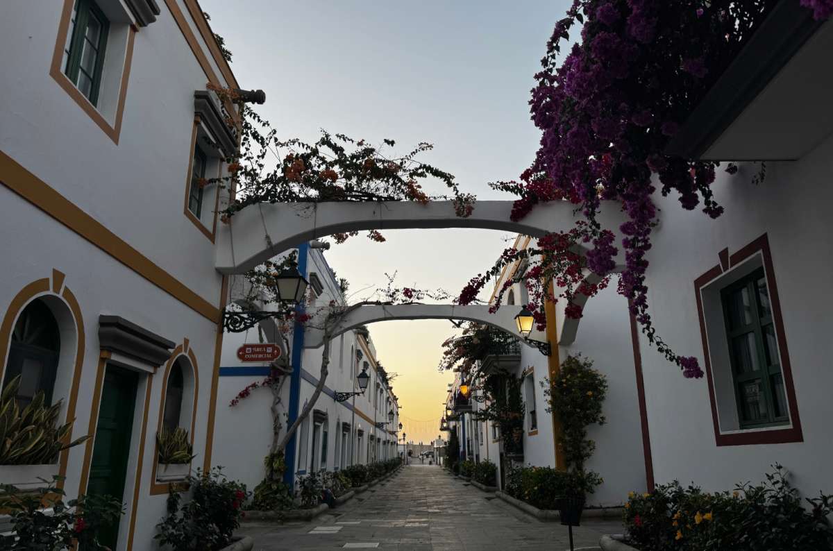 a photo from Puerto de Mogán, showing the town's decorative architecture compilmented by green natural details, Canary Islands, photo by Next Level of Travel