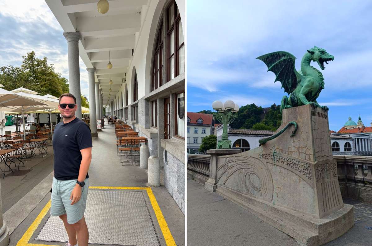 a collage of a tourist under the Plečnik Arcades on the left and the dragon statue on Dragon Bridge on the right, Ljubljana, Slovenia, photo by Next Level of Travel
