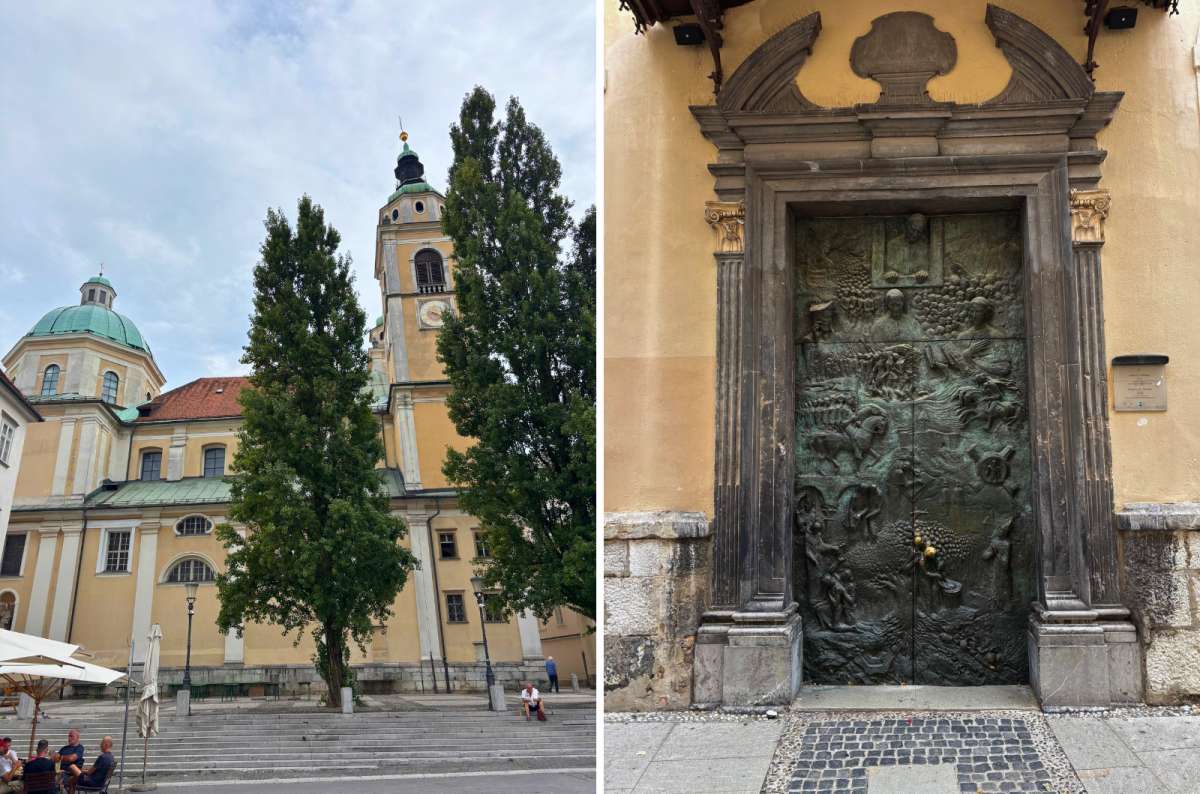 a collage of St. Nicholas Cathedral on the left and its bronze entry door on the right, Ljubljana, Slovenia, photo by Next Level of Travel