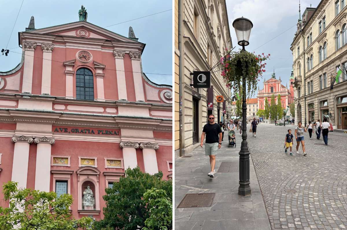 a collage of the Franciscan Church of the Annunciation on the left and a tourist walking toward it on the right, Ljubljana, Slovenia, photo by Next Level of Travel