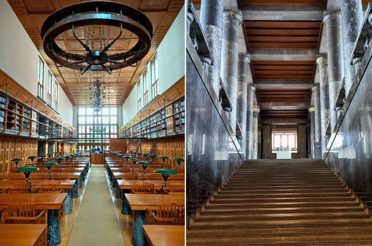 a collage of the Great Reading Room on the left and the black marble staircase on the right inside the National and University Library, Ljubljana, Slovenia
