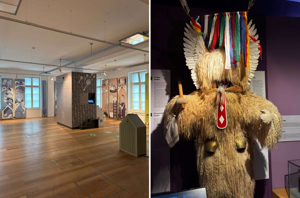 a collage of the intangible heritage exhibition on the left and a Kurent carnival costume on the right in the Slovene Ethnographic Museum, Ljubljana, Slovenia, photo by Next Level of Travel