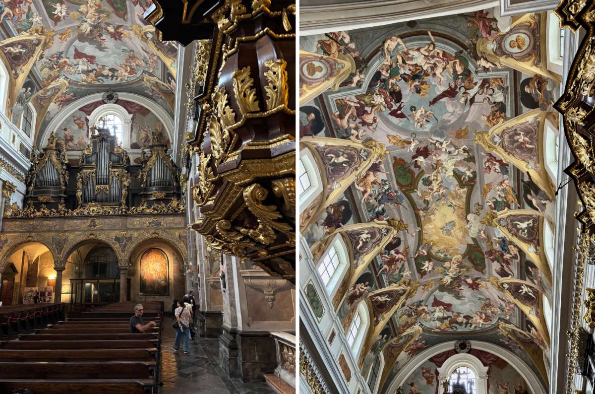 a collage of the organ and gilded pulpit on the left and the frescoed ceiling on the right inside St. Nicholas Cathedral, Ljubljana, Slovenia, photo by Next Level of Travel