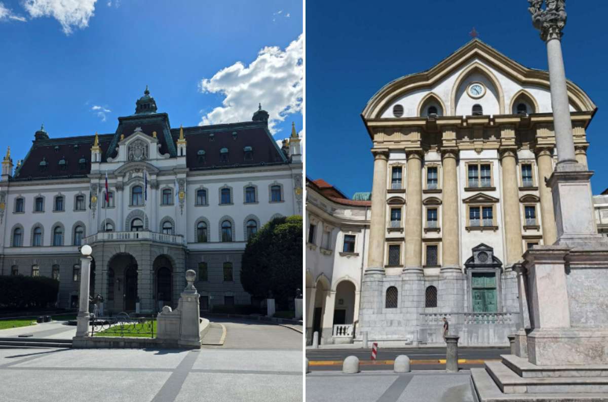 a collage of the University of Ljubljana on the left and the Ursuline Church of the Holy Trinity on the right, Congress Square, Ljubljana, Slovenia