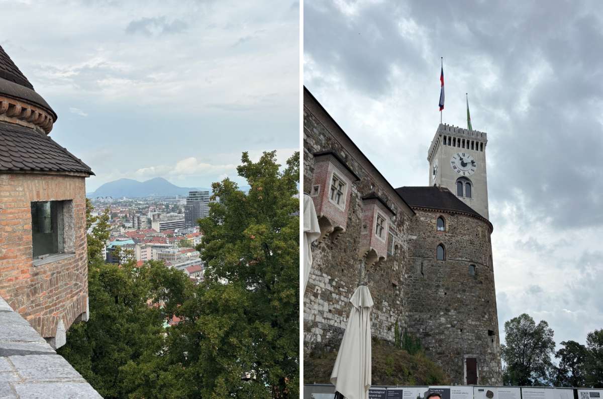 a diptych photo of the city view from the walls of Ljubljana Castle on the left and the Outlook Tower on the right, Slovenia, photo by Next Level of Travel