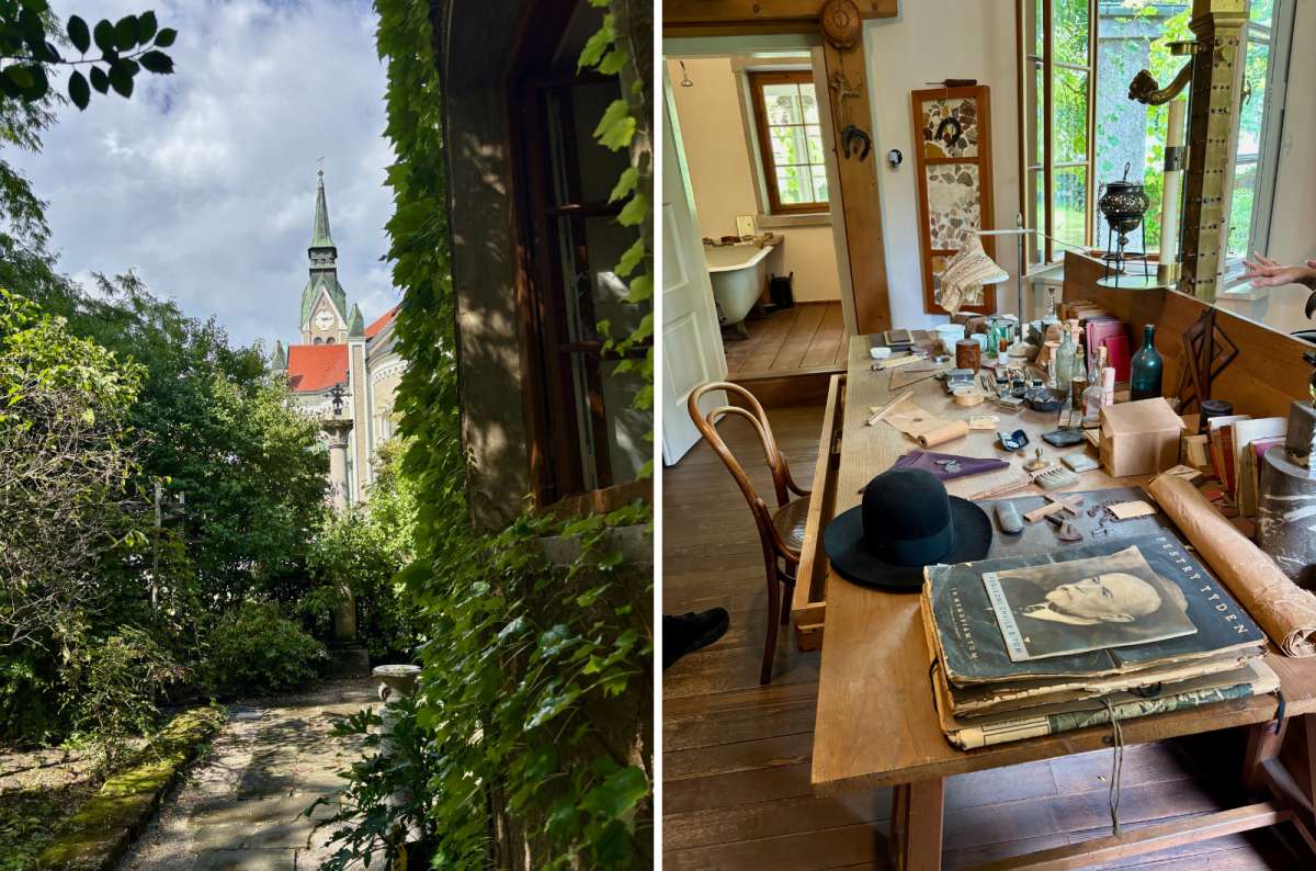 a diptych photo of the Plečnik House garden on the left and Jože Plečnik's desk with a Czech magazine on the right, Ljubljana, Slovenia, photo by Next Level of Travel