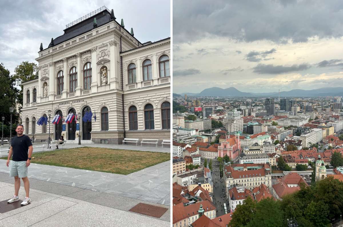 a photo of a tourist in front of the National Gallery of Slovenia on the left and the view of Ljubljana from Ljubljana Castle on the right, Slovenia, photo by Next Level of Travel