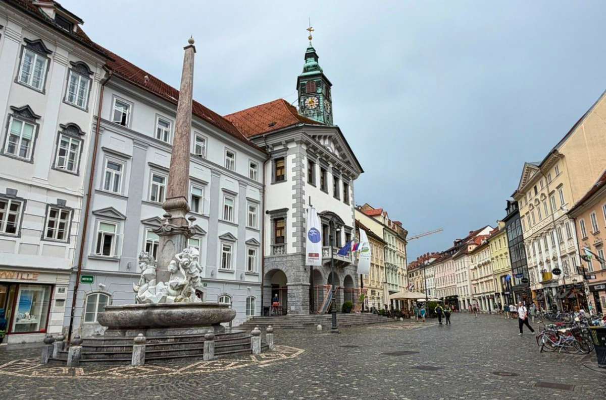 a photo of the Robba Fountain in front of the Town Hall on Mestni trg, Ljubljana, Slovenia