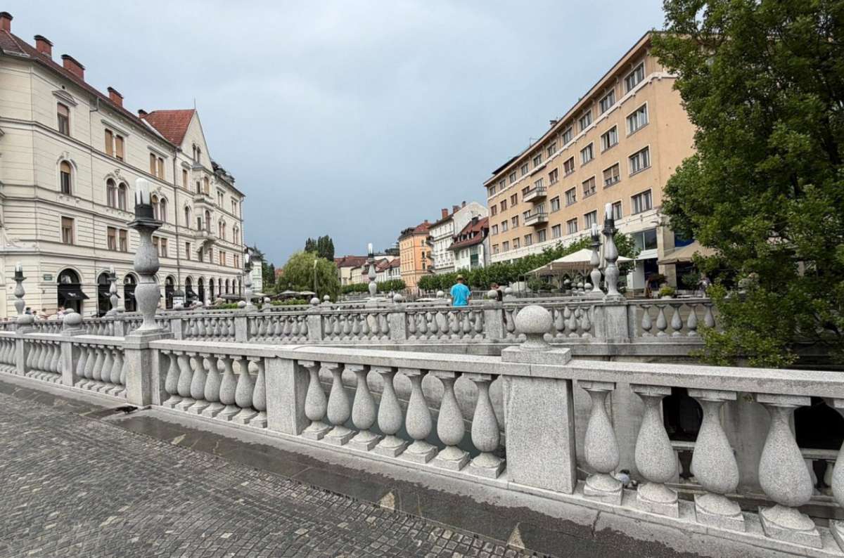 a photo of the stone balustrades of the Triple Bridge over the Ljubljanica River, Ljubljana, Slovenia