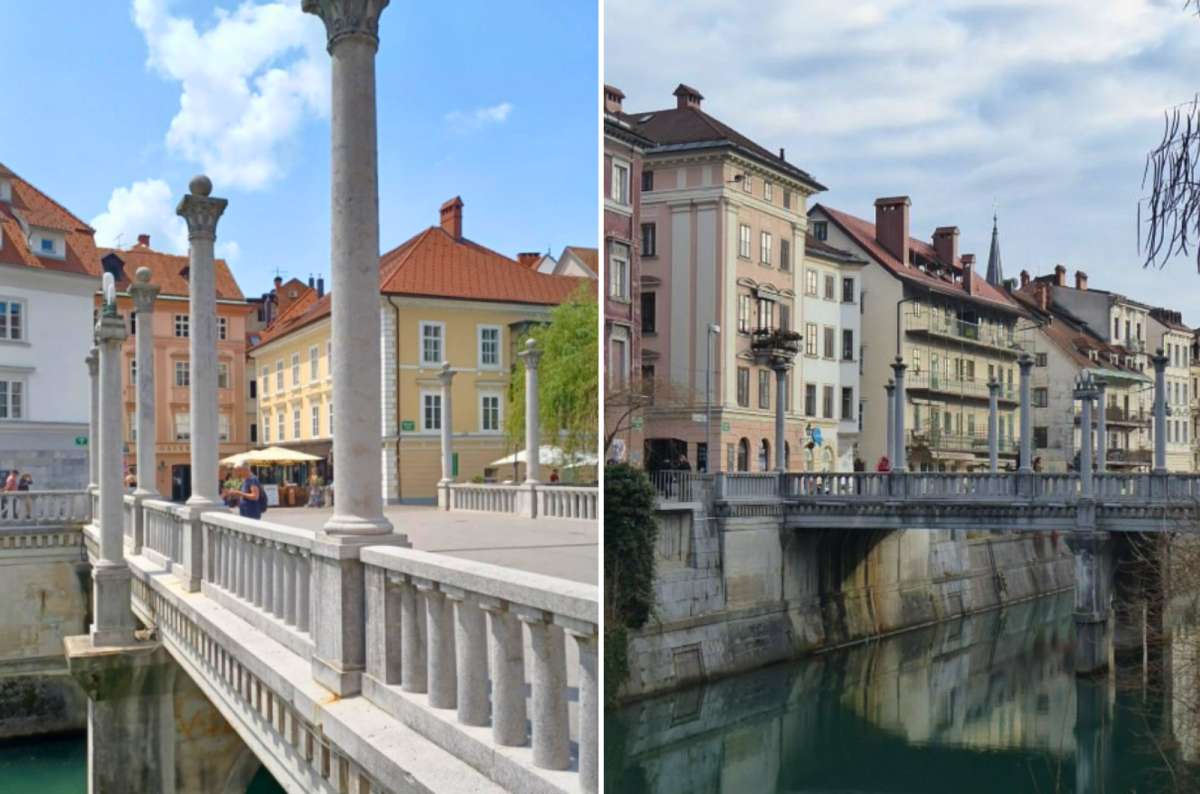 Collage showing the stone columns of Cobblers' Bridge on the left and a riverside view along the Ljubljanica River on the right, Ljubljana, Slovenia