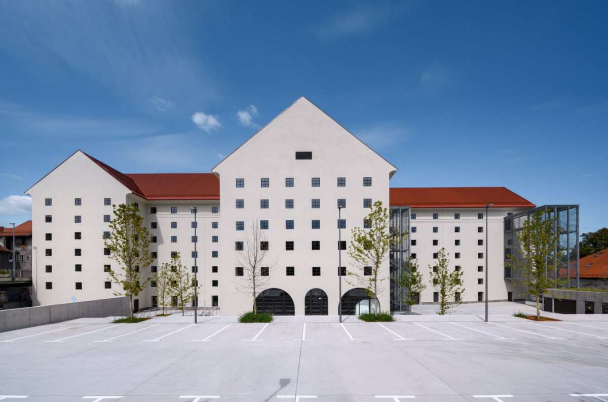 Exterior of the renovated Cukrarna complex in Ljubljana, the former sugar refinery that now houses the Cukrarna Gallery