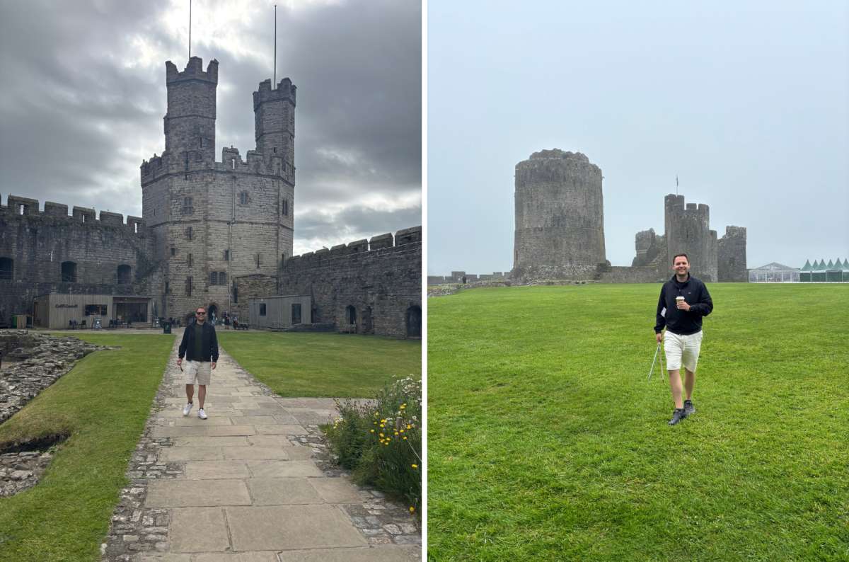 a collage of a tourist by Caernarfon's Eagle Tower on the left and Pembroke's misty keep on the right, Wales, photo by Next Level of Travel