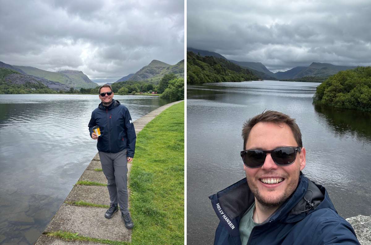 a collage of a tourist with coffee by the lake on the left and a lakeside selfie on the right, Llyn Padarn, Wales, photo by Next Level of Travel
