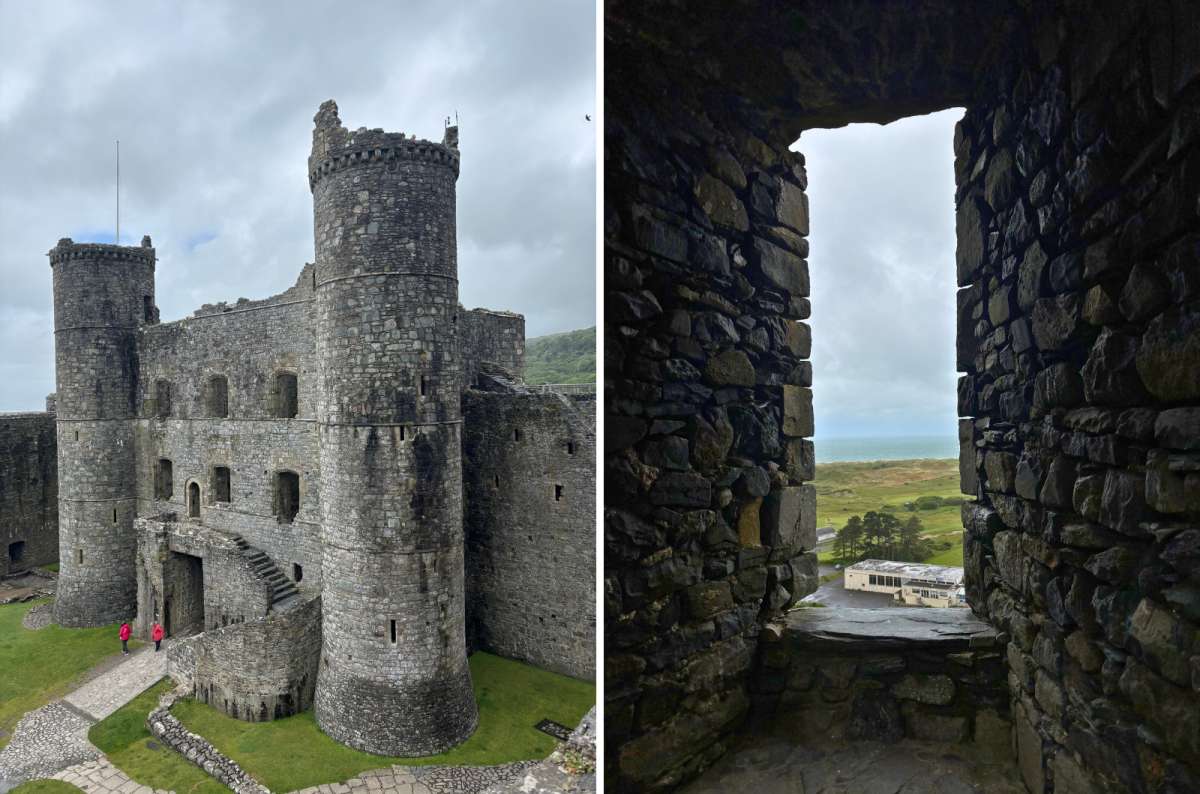 a collage of the castle gatehouse on the left and the sea seen through a stone window on the right, Harlech, Wales, photo by Next Level of Travel