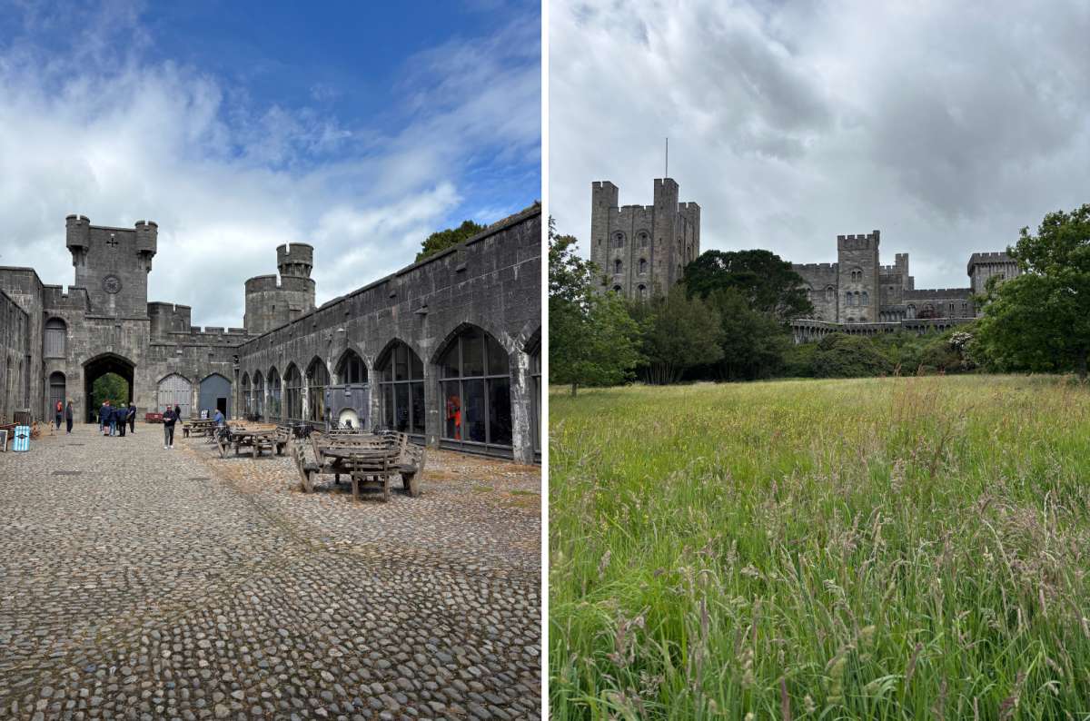a collage of the cobbled stable yard on the left and Penrhyn Castle above a meadow on the right, Bangor, Wales, photo by Next Level of Travel