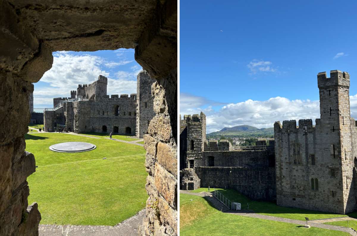 a collage of the inner ward seen through a stone window on the left and castle towers with mountains on the right, Caernarfon, Wales, photo by Next Level of Travel