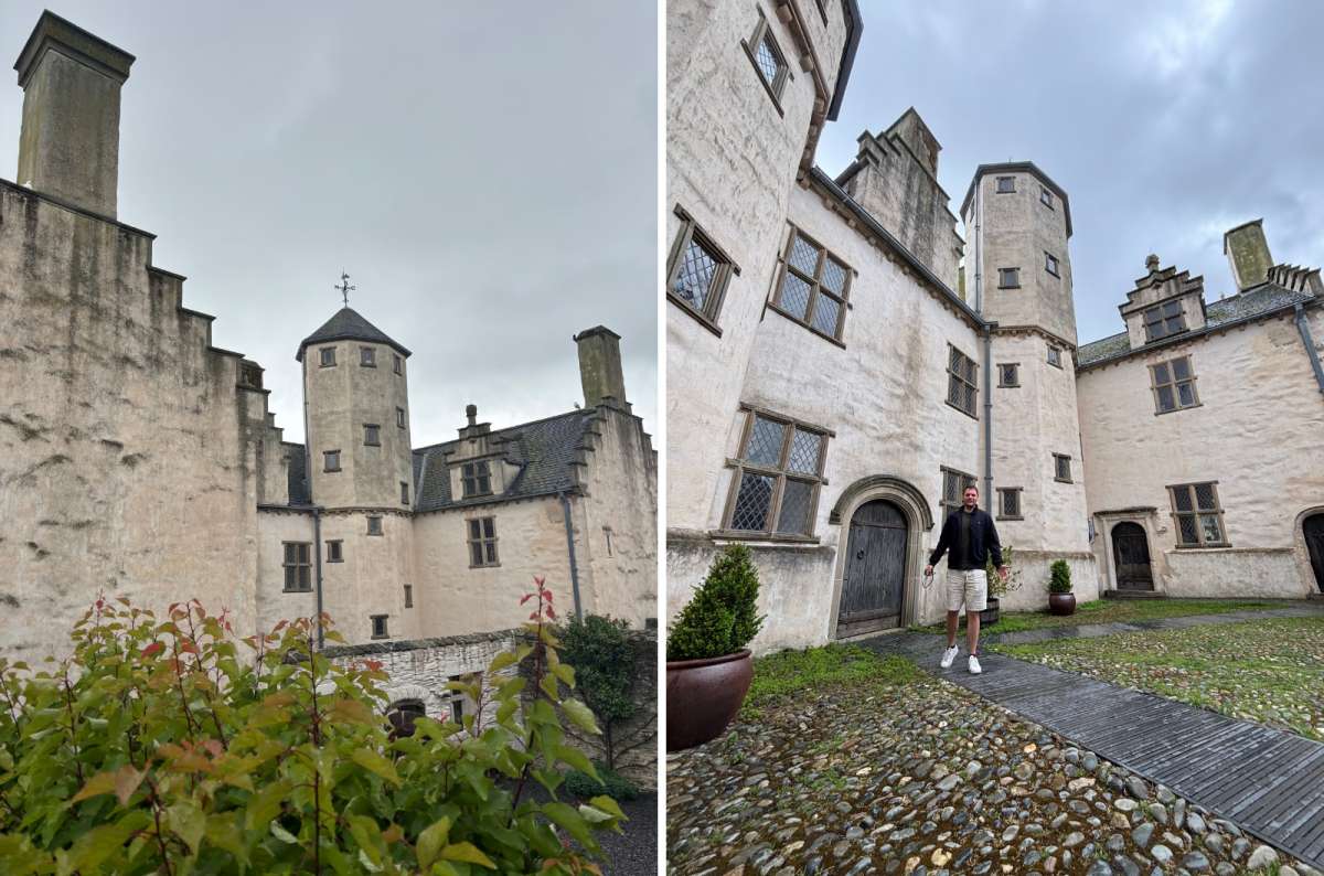 a collage of the white gables of Plas Mawr on the left and a tourist in its cobbled courtyard on the right, Conwy, Wales, photo by Next Level of Travel