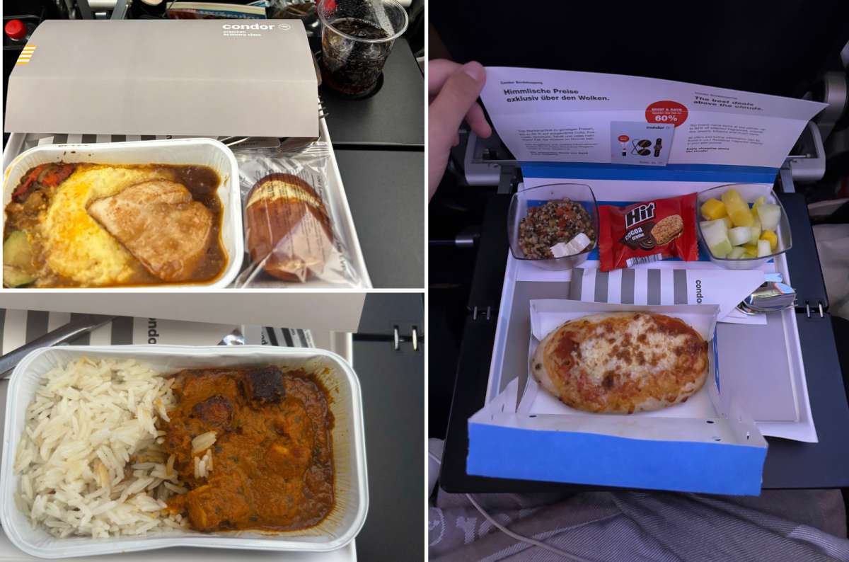 a collage photo of chicken with polenta and paneer curry with rice on the left and a pizza dinner with quinoa salad and fruit on the right in Condor Premium Economy, photo by Next Level of Travel