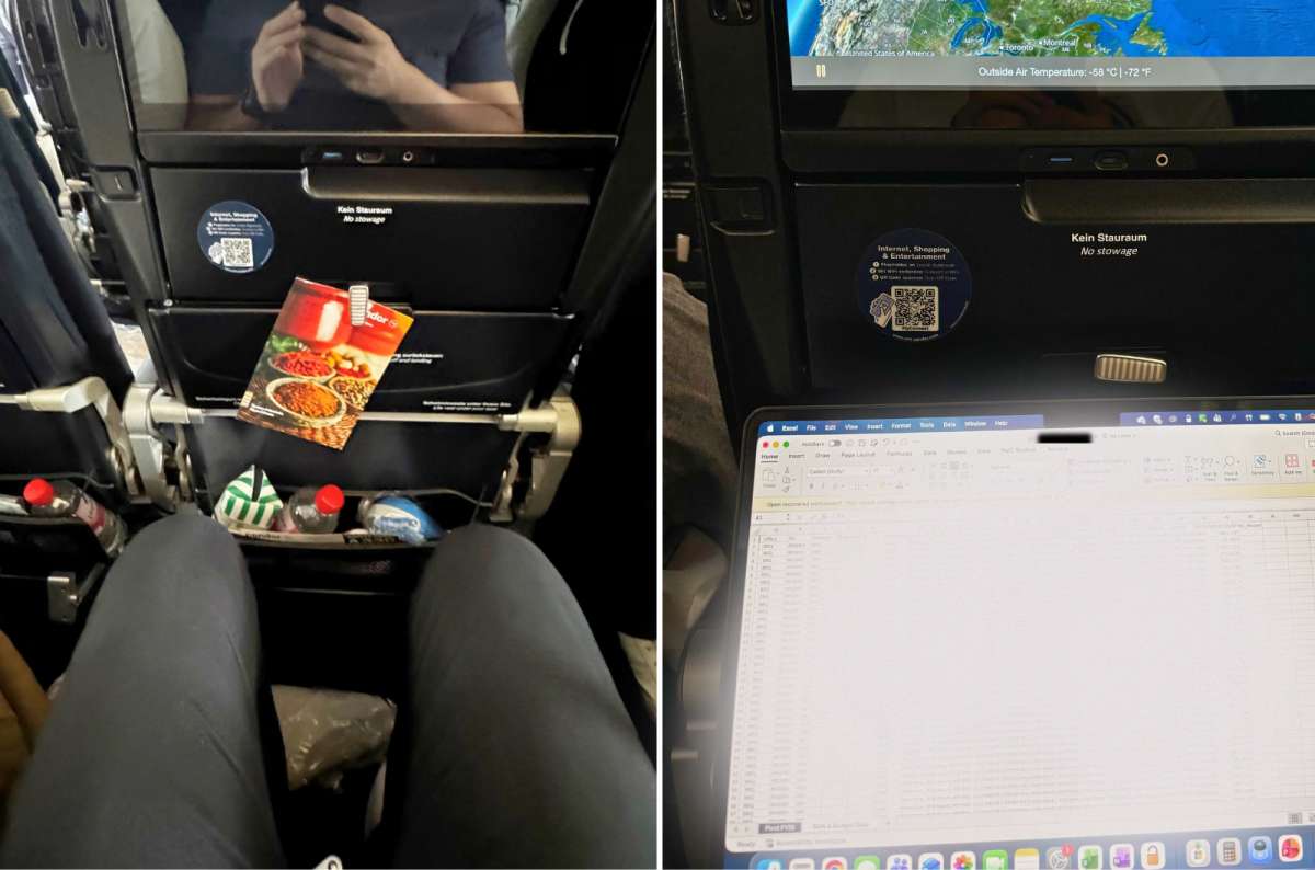 a diptych photo of legroom in a Condor Premium Economy seat on the left and a laptop on the tray table on the right, photo by Next Level of Travel