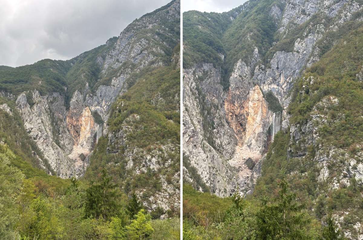 a diptych photo of Boka Waterfall and the surrounding cliffs from afar on the left and zoomed in on the right, near Bovec, Slovenia, photo by Next Level of Travel